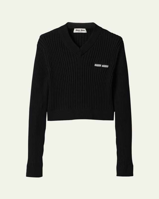 V-Neck Ribbed Wool Cropped Sweater
