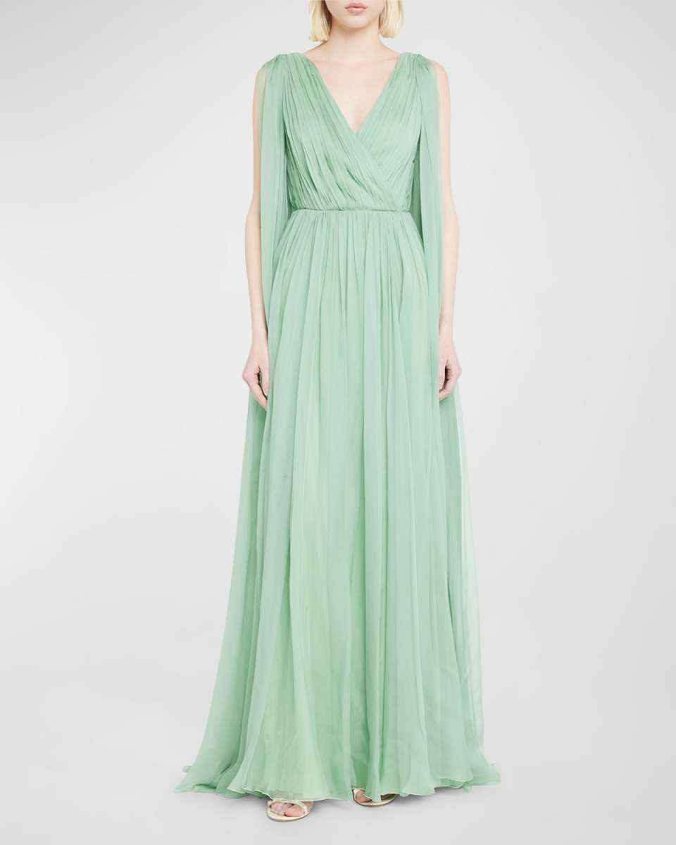 Cape-Sleeves Pleated Chiffon Gown