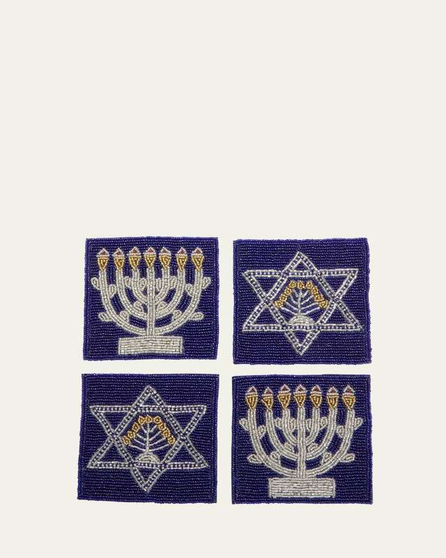 Beaded Star of David and Menorah Coasters, Set of 4