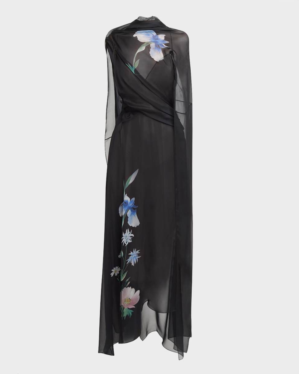 Iris-Print Draped Backless Sheer Maxi Dress