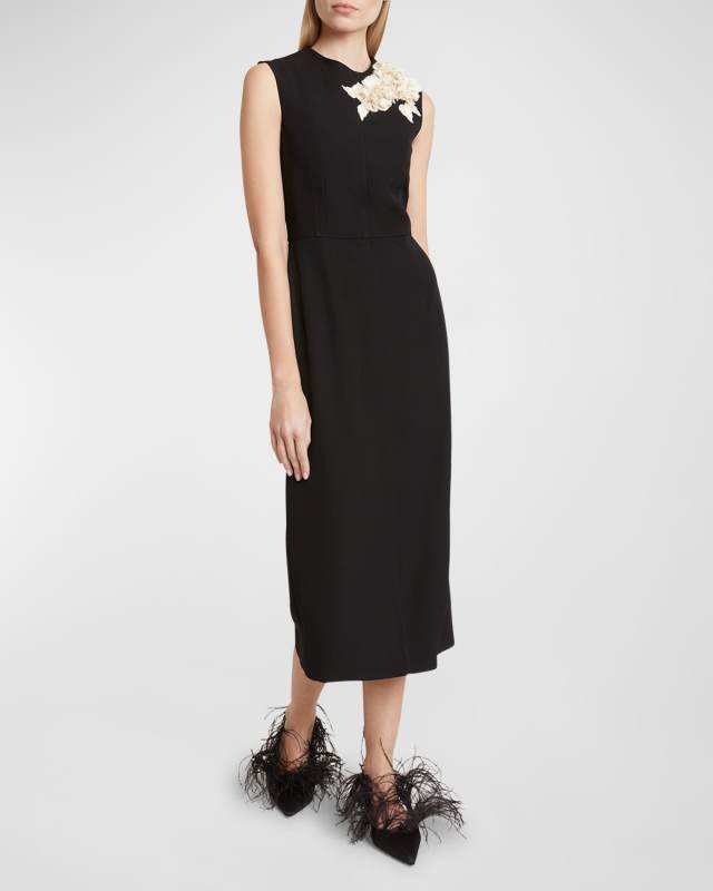 3D Floral Applique Wool Midi Dress