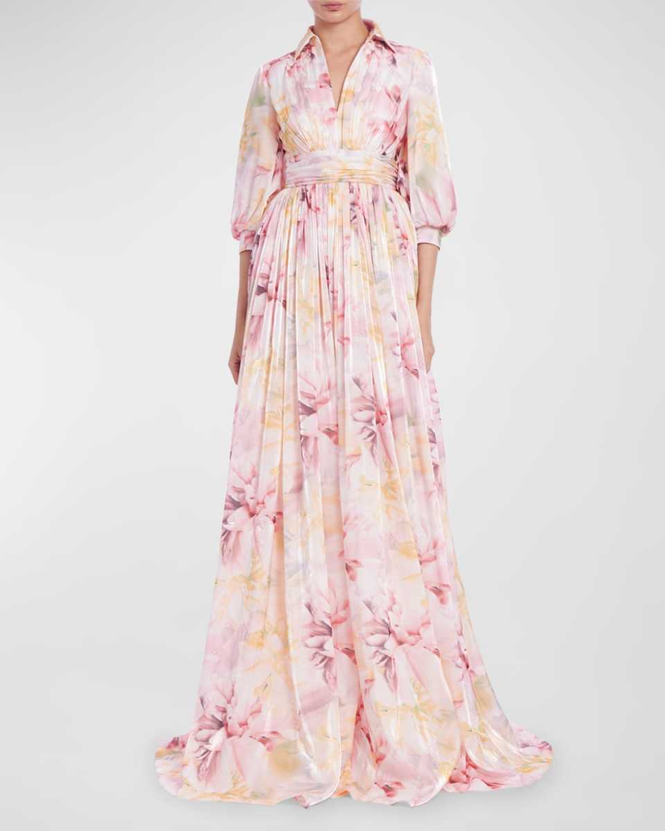 Blouson-Sleeve Shimmer Floral-Print Empire Gown