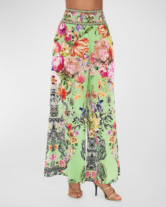 Porcelain Dream Shirred Wide-Leg Pants