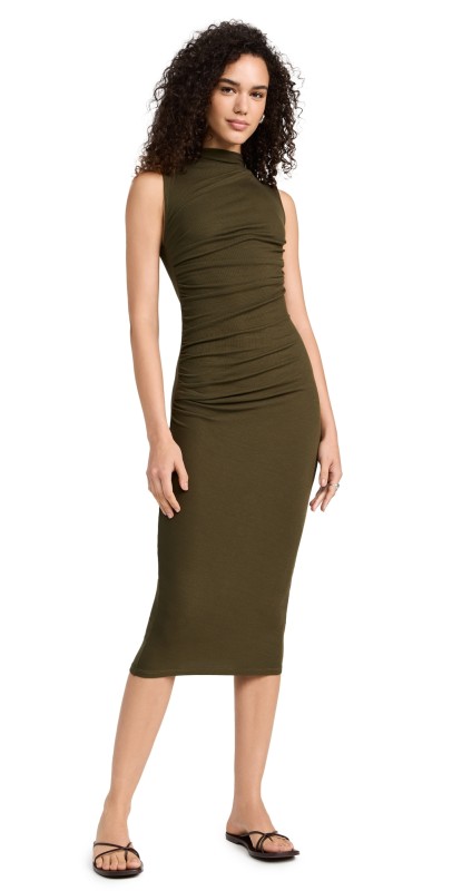 Enza Costa Silk Knit Sleeveless Twist Midi Dress Army Green