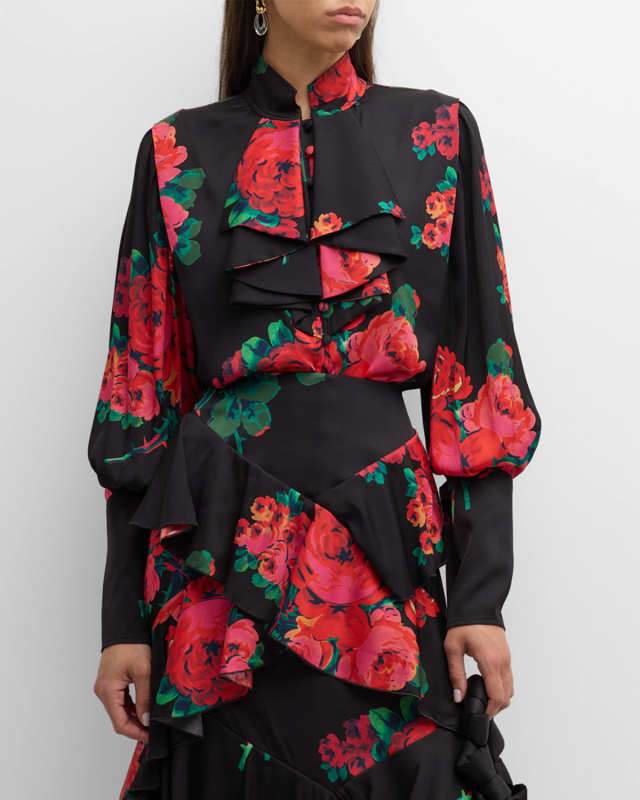 Seville Rose-Print Bishop-Sleeve Ruffle-Bib Blous