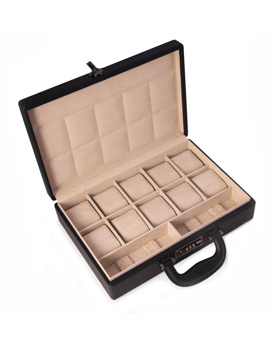 Men's 10-Watch Leather Briefcase Storage Box w/ Combination Lock