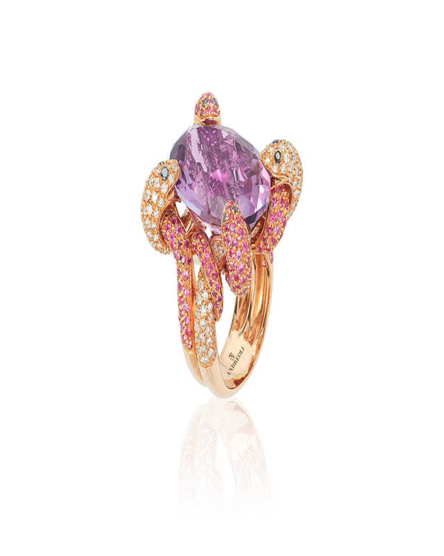 18K Rose Gold Amethyst Ring with Pink Sapphires and Diamonds, Size 6.5