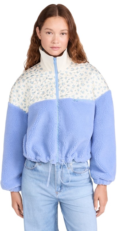 For Love & Lemons Saide Floral Fleece Jacket Blue