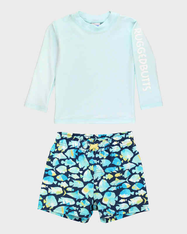 Boy's Spun Sugar Rashguard and Fish Friends Trunk Set, Size 3M-8