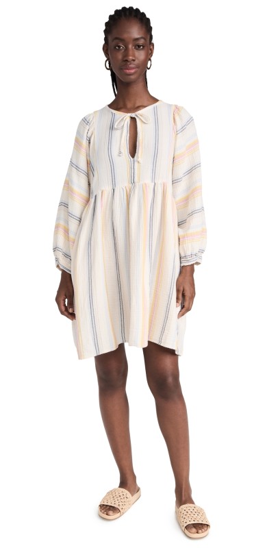 SUNDRY Blouson Sleeve Dress Cream/Multi Stripes