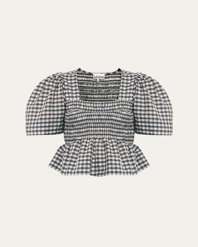 Seersucker Check Square-Neck Smock Blouse