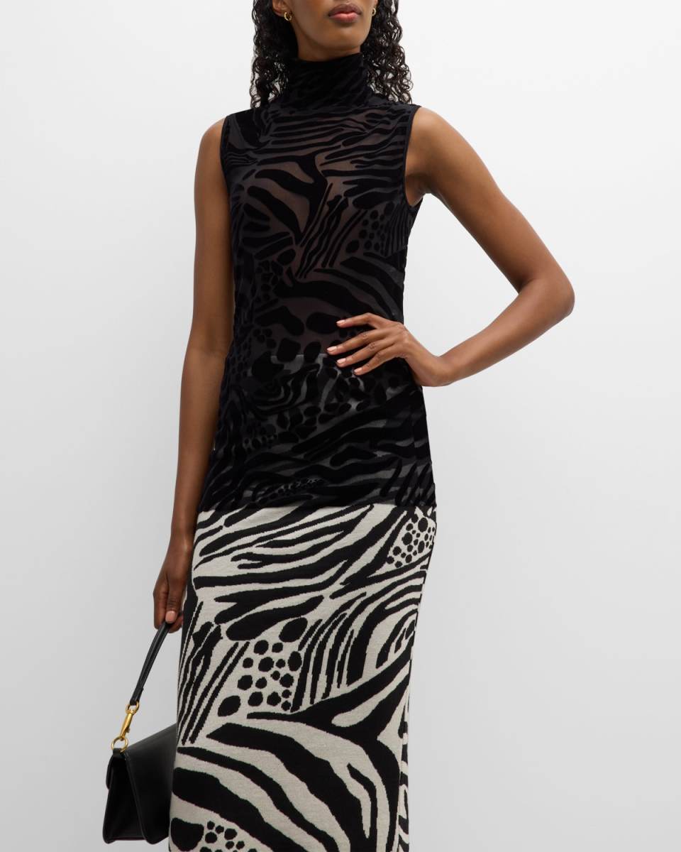 Sleeveless Turtleneck Burnout Tulle Blouse