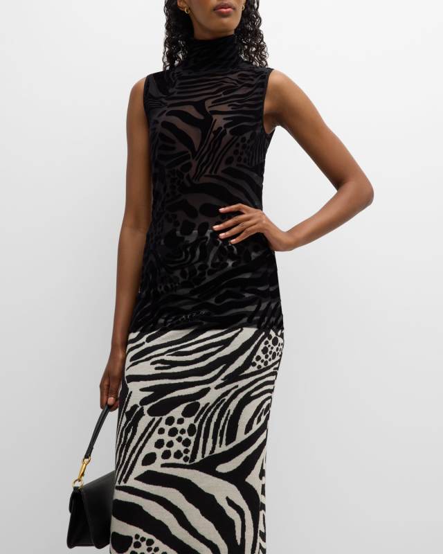 Sleeveless Turtleneck Burnout Tulle Blouse