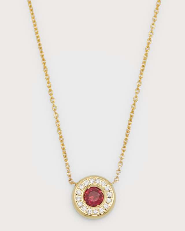 18K Gold Ruby Pendant Necklace with Diamond Halo