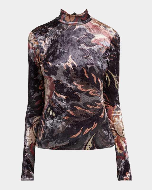 Mock-Neck Long-Sleeve Panné Velvet Top