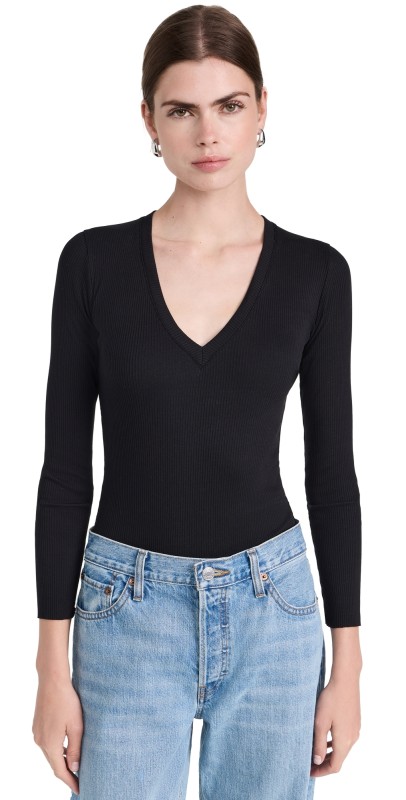 Nothing Please V Neck Thong Bodysuit Black