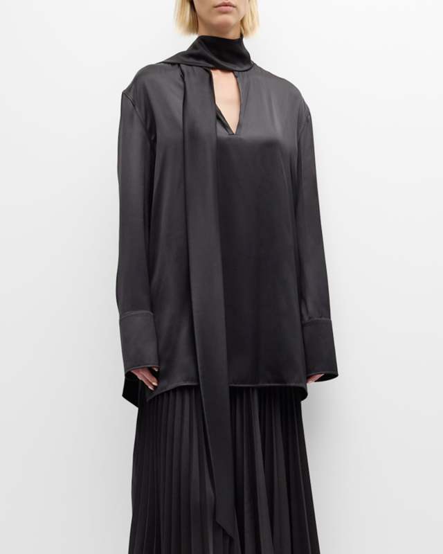 Friday PM Scarf-Neck Long-Sleeve Silk Blouse
