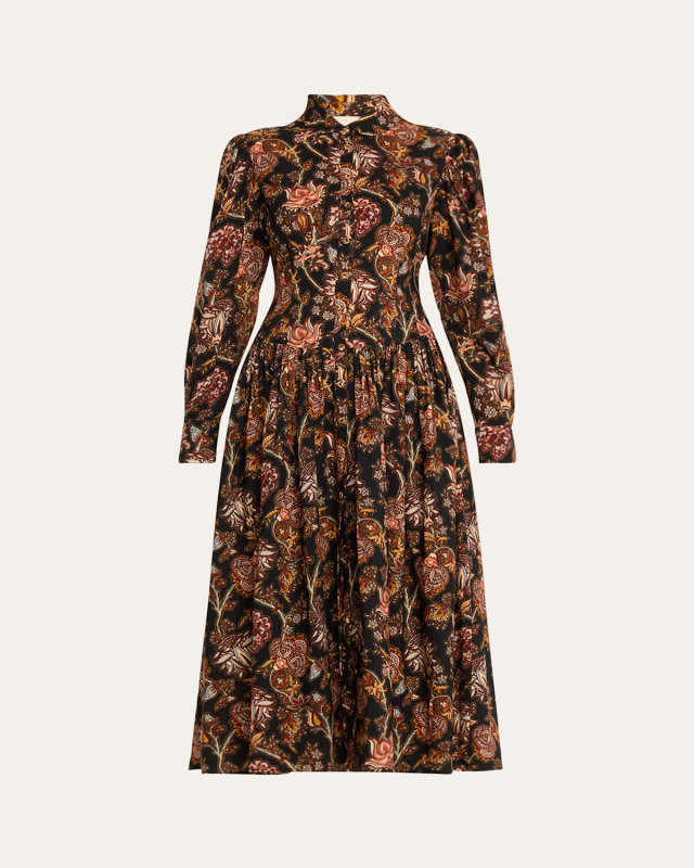 Celia Floral Belted Long-Sleeve Midi Dress