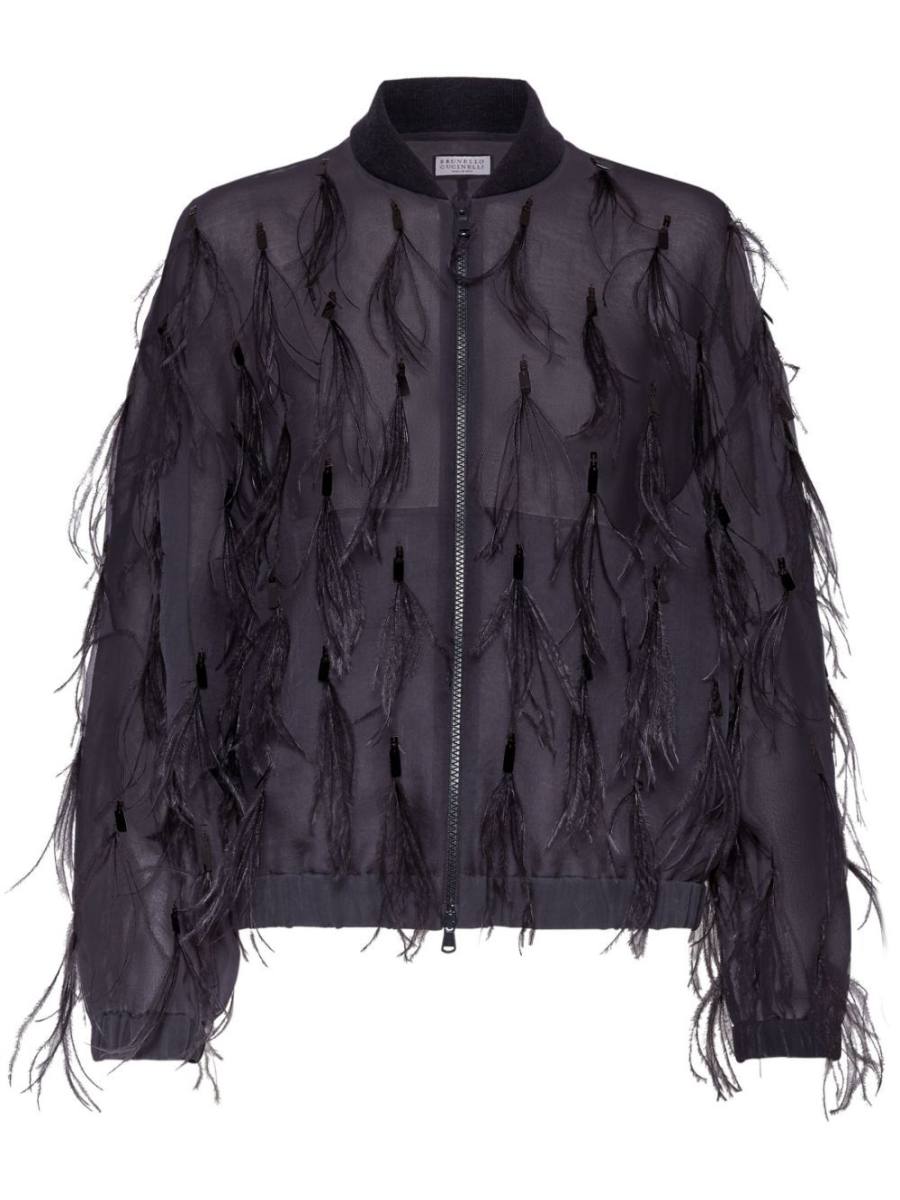 feather-embellished satin jacket