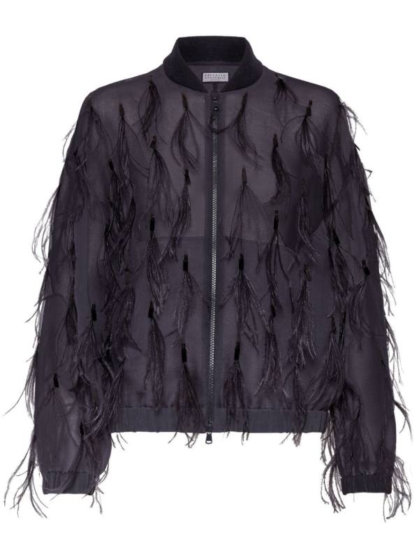 feather-embellished satin jacket