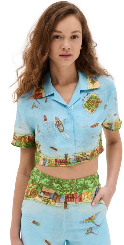 Casablanca Cuban Collar Cropped Linen Short Sleeve Shirt Maison Sur Piloti