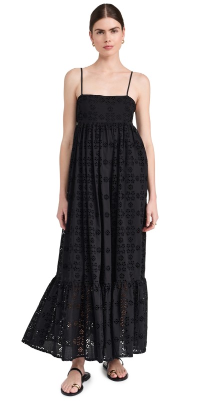 English Factory Embroidered Cotton Sleeveless Maxi Dress Black