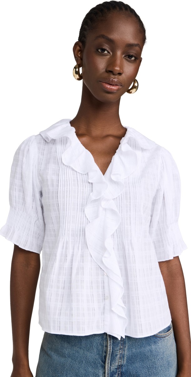 Madewell Ruffle Puff-Sleeve Peplum Top in Windowpane White