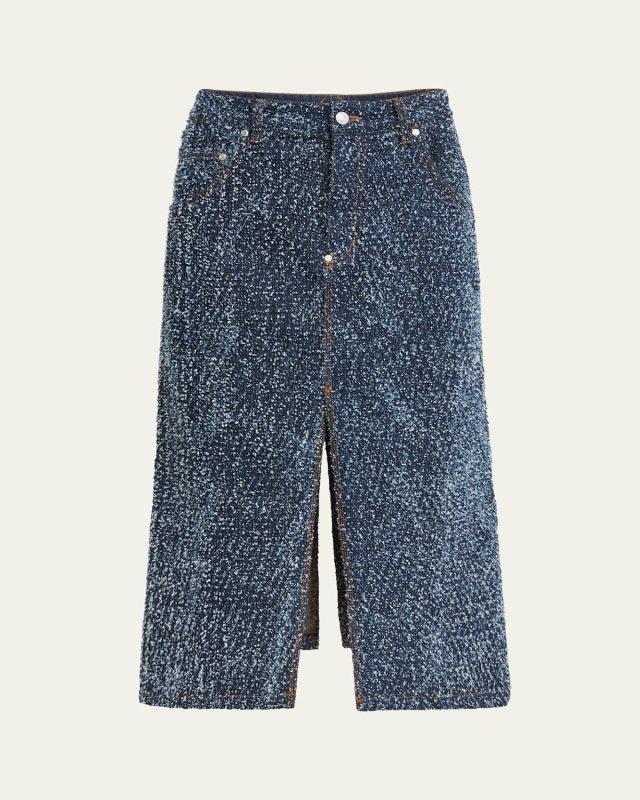 Boucle Denim Midi Skirt with Front Slit