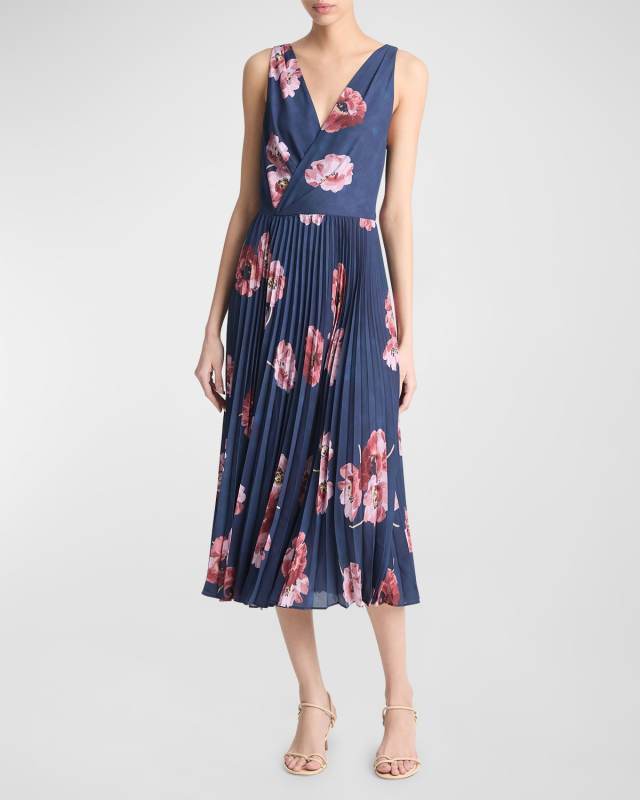 Painted Poppy Pleated Draped Sleeveless V-Neck Midi Dress