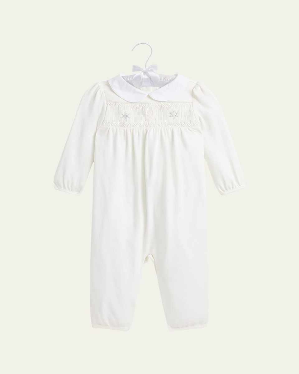 Girl's Smocked Snowflake Embroidered Coverall, Size 3M-12