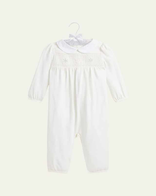 Girl's Smocked Snowflake Embroidered Coverall, Size 3M-12