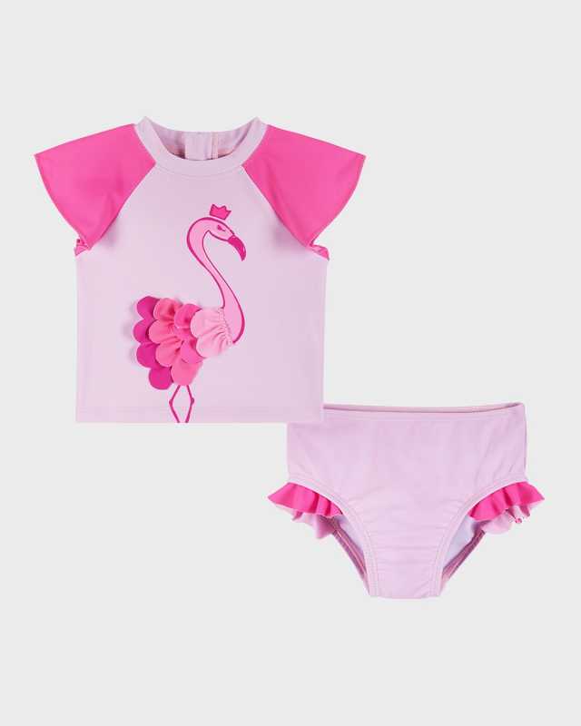 Girl's Flamingo-Print Rashguard Set, Size Newborn-24