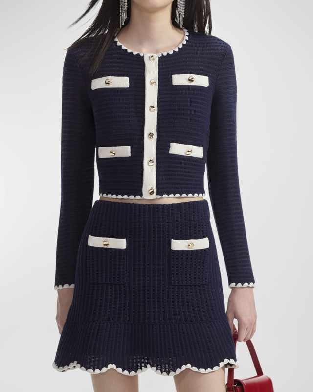 Contrast-Trim Cropped Crochet Cardigan