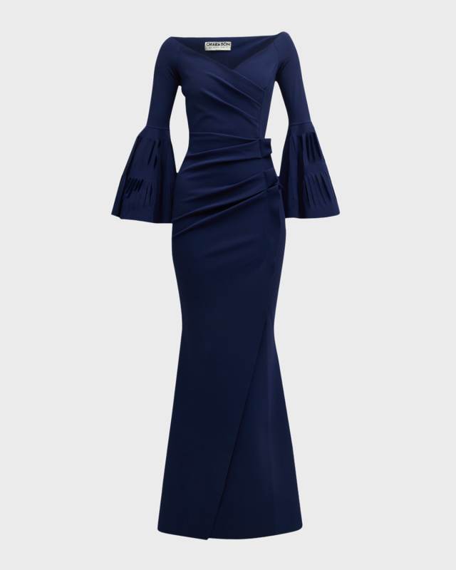 Pleated Cutout Bell-Sleeve Mermaid Gown