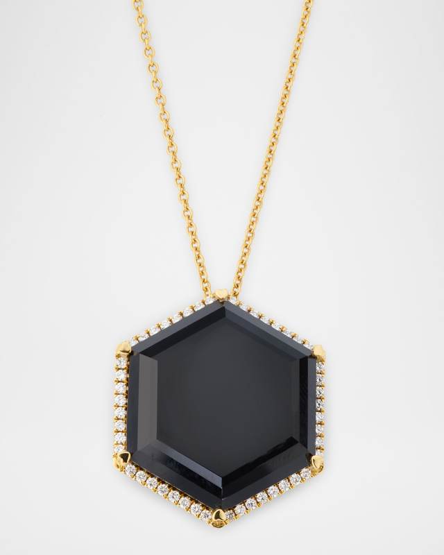 Rocks 18K Yellow Gold Black Onyx Hexagon and Diamond Halo Pendant Necklace