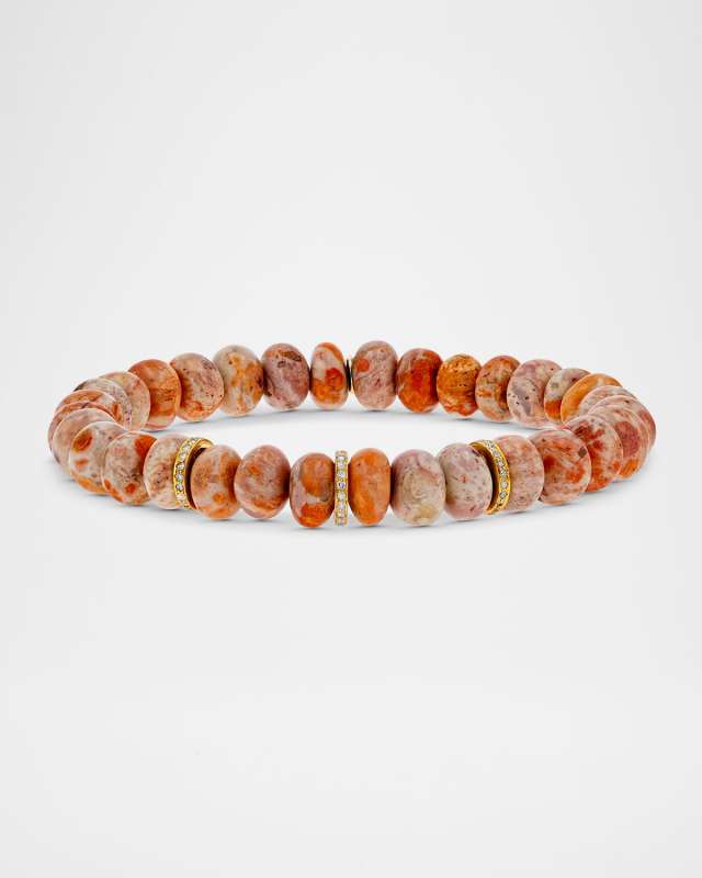 Mexican Fire Opal 8mm Bead Bracelet with 3 Diamond Rondelles