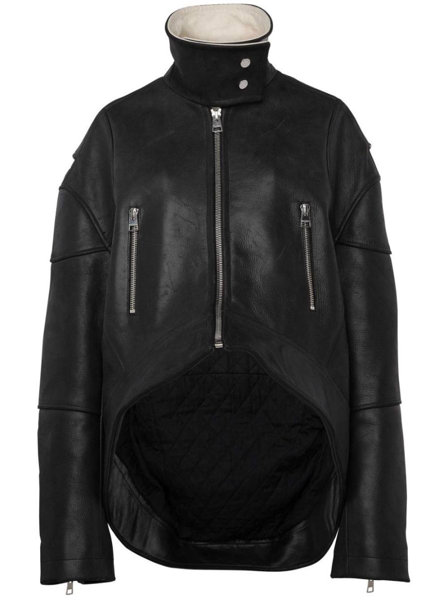 high-neck curved leather jacket