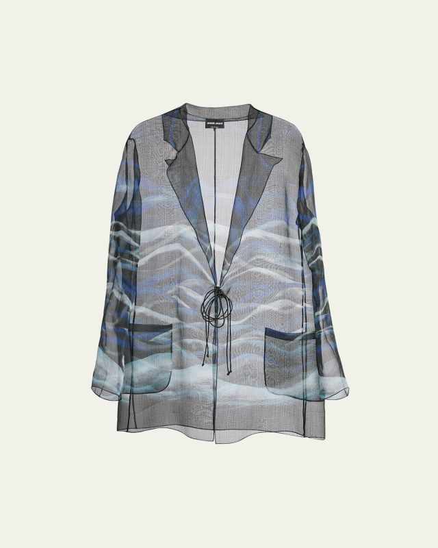 Night Water Print Self-Tie Silk Blouse Jacket