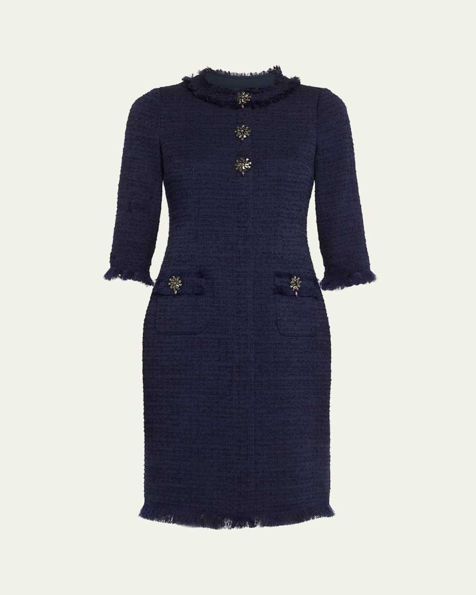 Fringe-Trim Stretch Boucle Dress