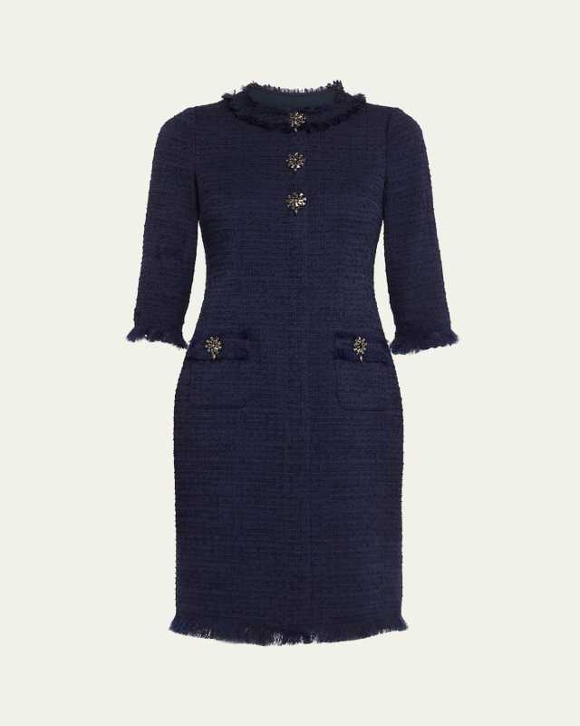 Fringe-Trim Stretch Boucle Dress