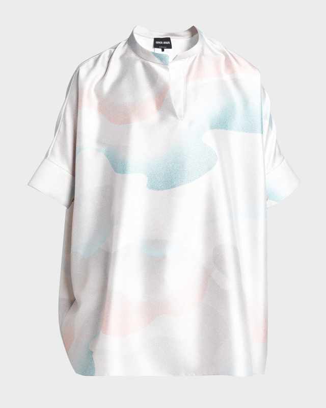 Wave-Print Oversized Silk Blouse