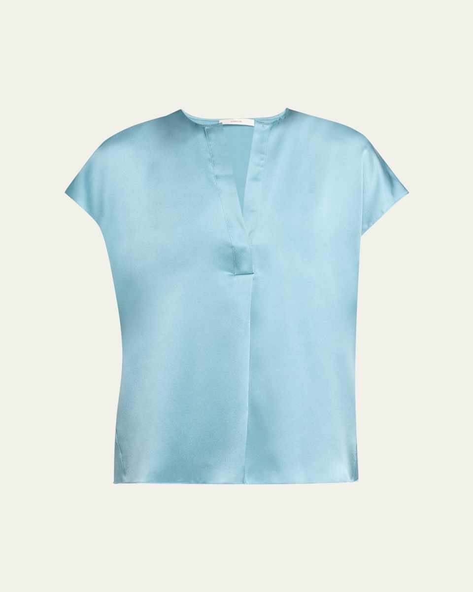 Silk Split-Neck Cap-Sleeve Blous