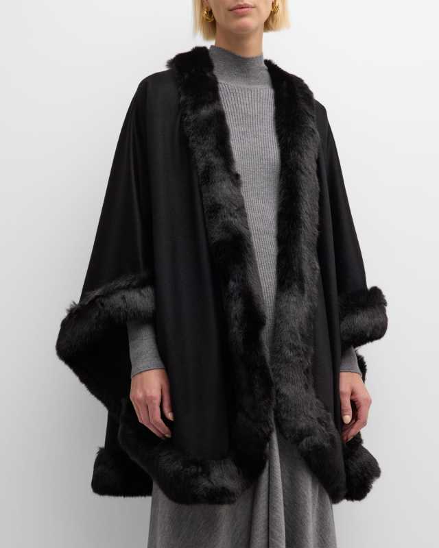 Faux Fur Trim Cashmere Cape