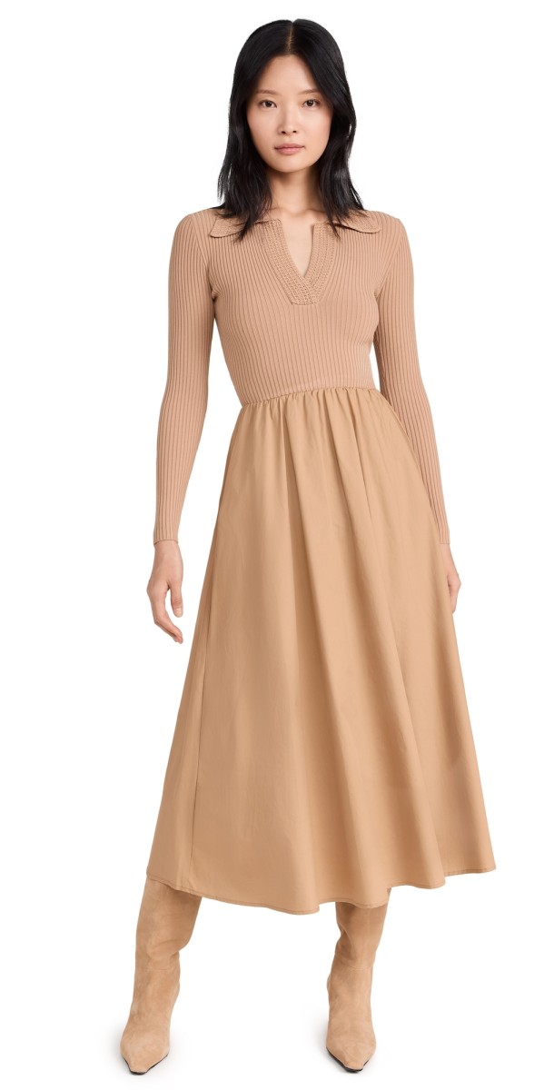 Moon River Long Sleeve Knit Top Twofer Midi Dress Taupe