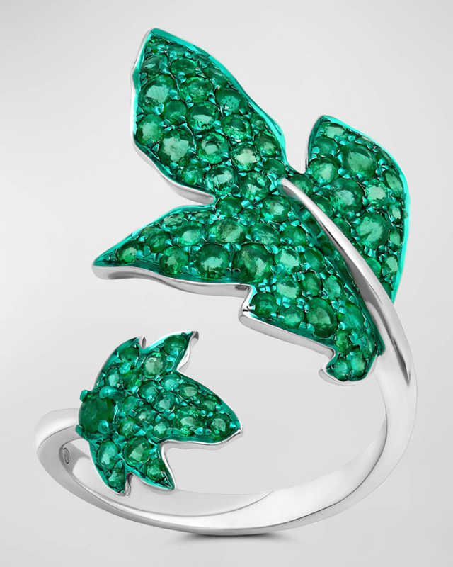 Large Green Rhodium and Emerald Folha Ring, Size 7