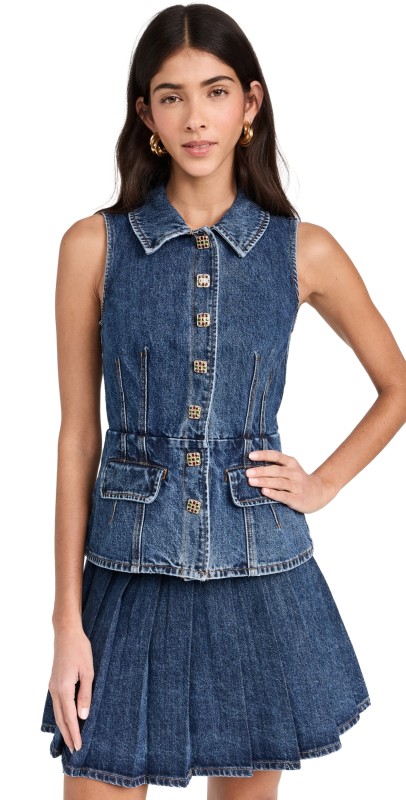 Self Portrait Tailored Denim Mini Piece Dress Mid Blue
