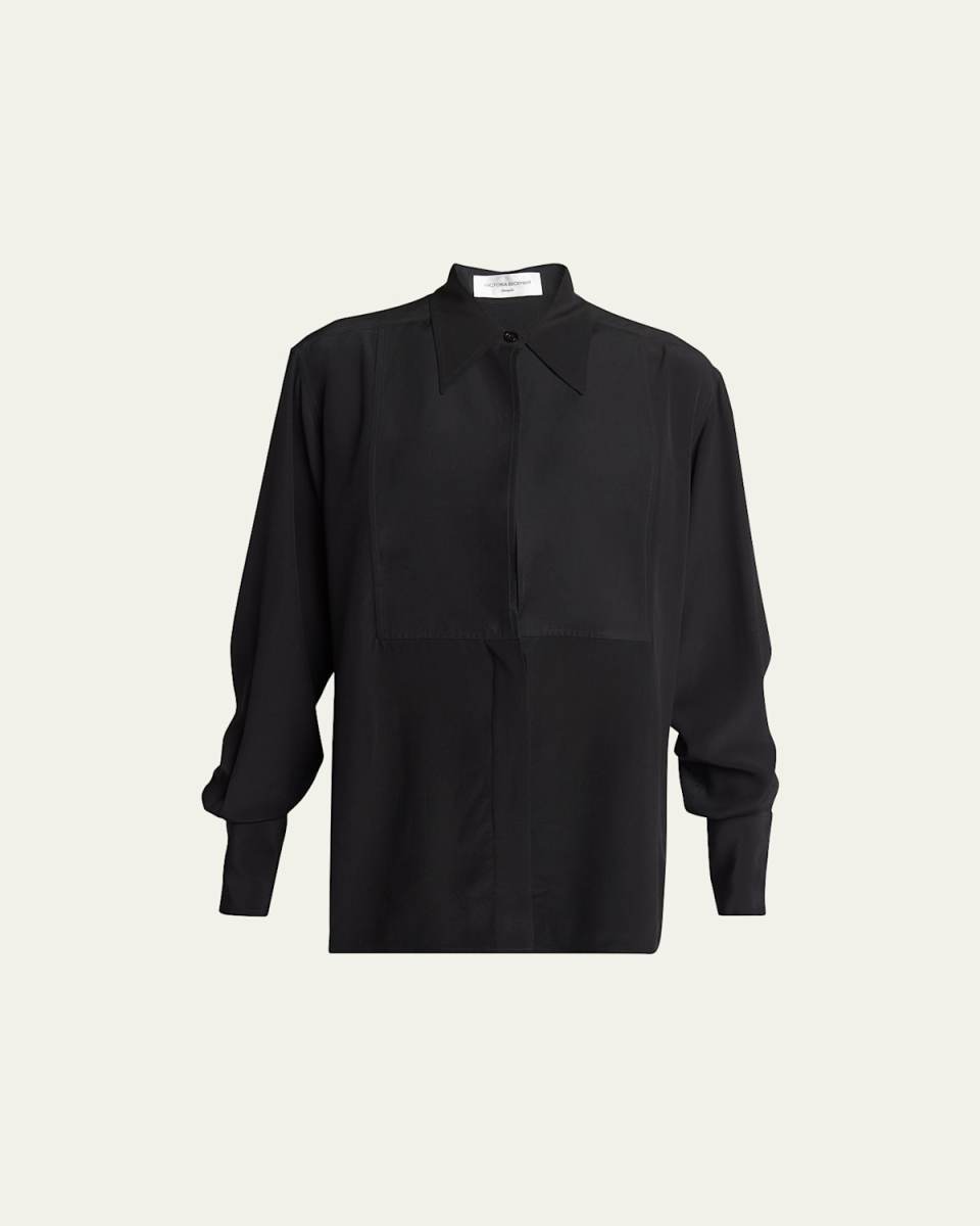 Contrast Bib Button Down Silk Blouse