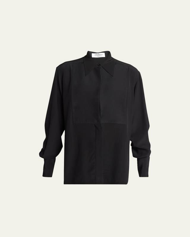 Contrast Bib Button Down Silk Blouse