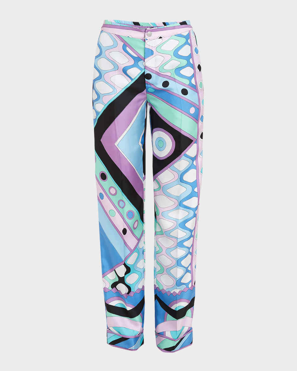 Mid-Rise Abstract-Print Straight-Leg Satin Pajama Trousers