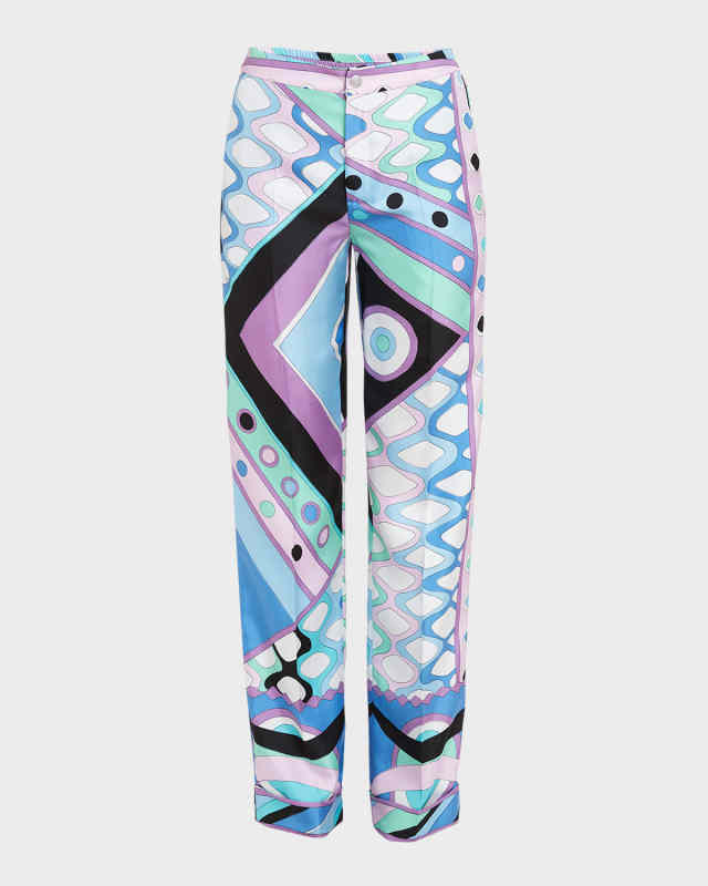 Mid-Rise Abstract-Print Straight-Leg Satin Pajama Trousers